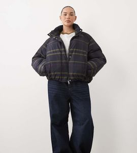 ASOS Curve ASOS DESIGN Curve short funnel neck padded jacket in dark check-Black