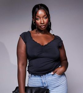 ASOS Curve ASOS DESIGN Curve short sleeve ruched lettuce hem top in black