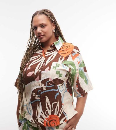 ASOS Curve ASOS DESIGN Curve short sleeve shirt in tropical abstract - part of a set-Multi