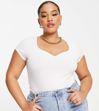 ASOS Curve ASOS DESIGN Curve short sleeve T-shirt bodysuit with sweetheart neckline in white