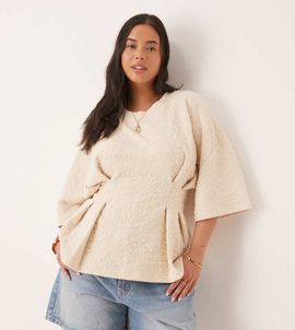 ASOS Curve ASOS DESIGN Curve short sleeve top in cream floral jacquard-White