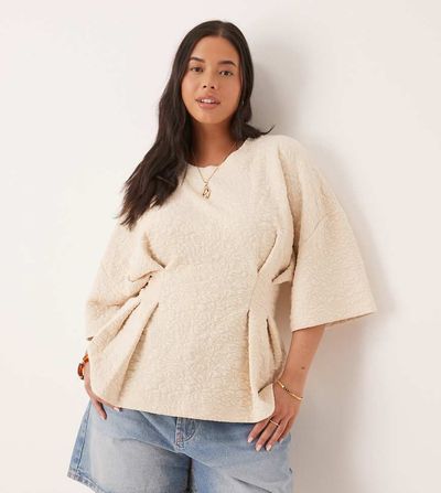 ASOS Curve ASOS DESIGN Curve short sleeve top in cream floral jacquard-White