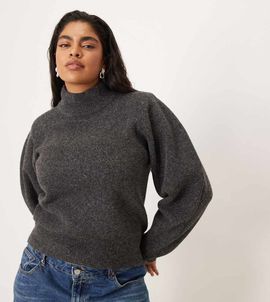 ASOS Curve ASOS DESIGN Curve shoulder pad extreme sleeve waisted sweater in charcoal-Gray