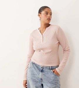 ASOS Curve ASOS DESIGN Curve shrunken waffle knit long sleeve henley tee in pink