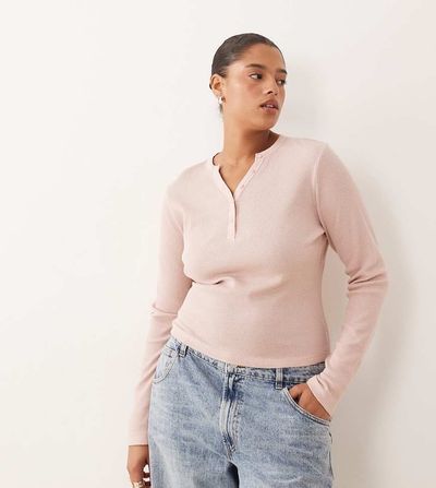 ASOS Curve ASOS DESIGN Curve shrunken waffle knit long sleeve henley tee in pink