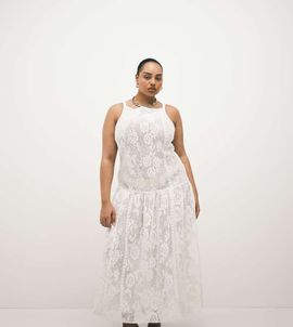 ASOS Curve ASOS DESIGN Curve slash neck all over lace midi dress in ivory-White