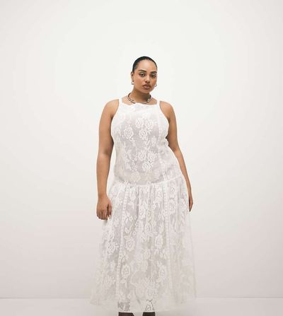 ASOS Curve ASOS DESIGN Curve slash neck all over lace midi dress in ivory-White