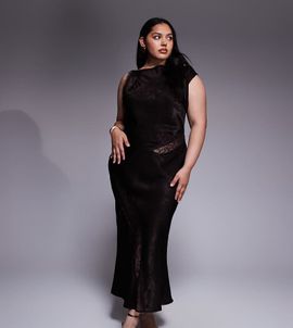 ASOS Curve ASOS DESIGN Curve slash neck satin bias lace detail maxi dress in chocolate-Brown