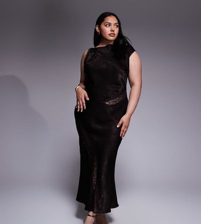 ASOS Curve ASOS DESIGN Curve slash neck satin bias lace detail maxi dress in chocolate-Brown