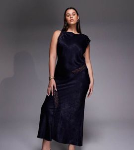 ASOS Curve ASOS DESIGN Curve slash neck satin bias lace detail maxi dress in navy-Multi