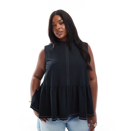 ASOS Curve ASOS DESIGN Curve sleeveless peplum top with tie back in black
