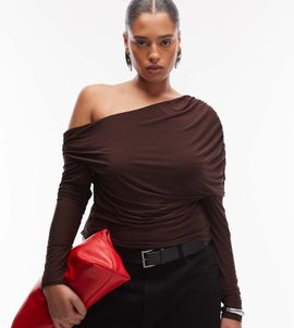 ASOS Curve ASOS DESIGN Curve slinky asymmetric cape shoulder long sleeve top in chocolate-Brown