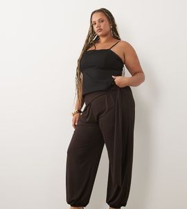ASOS Curve ASOS DESIGN Curve slinky draped wrap detail balloon pants in chocolate-Brown
