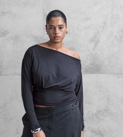ASOS Curve ASOS DESIGN Curve slinky off shoulder long sleeve top with cinch waist detail in black