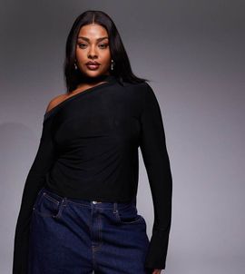ASOS Curve ASOS DESIGN Curve slinky scarf neck off shoulder top in black