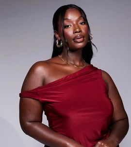 ASOS Curve ASOS DESIGN Curve slinky twist off shoulder top in burgundy - part of a set-Red