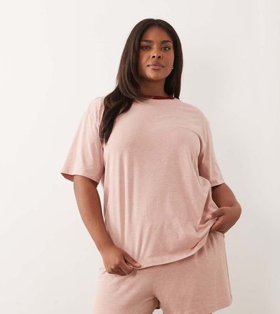 ASOS Curve ASOS DESIGN Curve slubby cotton oversized tee and shorts set with contrast neck binding in washed red