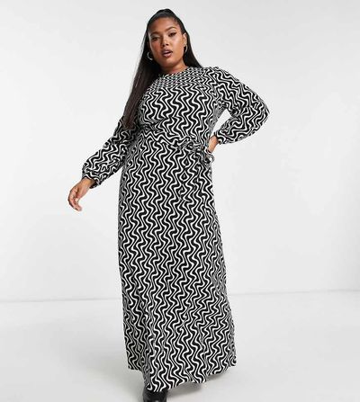 ASOS Curve ASOS DESIGN Curve smock maxi dress with belt in mono geo print-Multi
