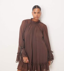 ASOS Curve ASOS DESIGN Curve smock mini dress with tiered ruffle cuffs and velvet bows in chocolate-Brown