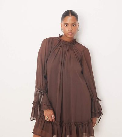 ASOS Curve ASOS DESIGN Curve smock mini dress with tiered ruffle cuffs and velvet bows in chocolate-Brown