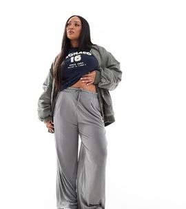 ASOS Curve ASOS DESIGN Curve soft handle wide leg pants with tie waist in light gray