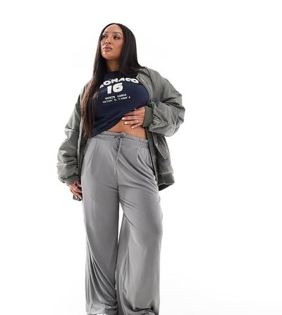 ASOS Curve ASOS DESIGN Curve soft handle wide leg pants with tie waist in light gray