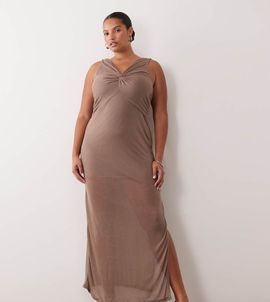 ASOS Curve ASOS DESIGN Curve soft semi-sheer column maxi dress with twisted bust detail in taupe-Neutral
