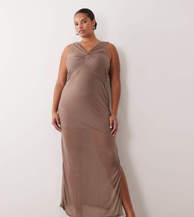 ASOS Curve ASOS DESIGN Curve soft semi-sheer column maxi dress with twisted bust detail in taupe-Neutral