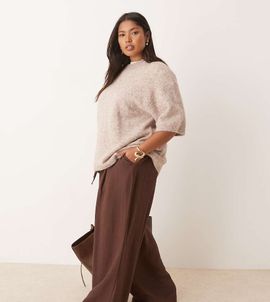 ASOS Curve ASOS DESIGN Curve soft texture wide leg pants with contrast stitch in chocolate-Brown