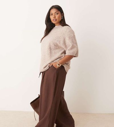 ASOS Curve ASOS DESIGN Curve soft texture wide leg pants with contrast stitch in chocolate-Brown