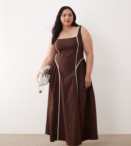 ASOS Curve ASOS DESIGN Curve square neck midi sundress with sculpted bust and contrast piping in chocolate-Brown