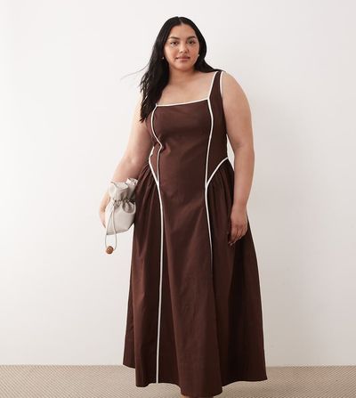 ASOS Curve ASOS DESIGN Curve square neck midi sundress with sculpted bust and contrast piping in chocolate-Brown