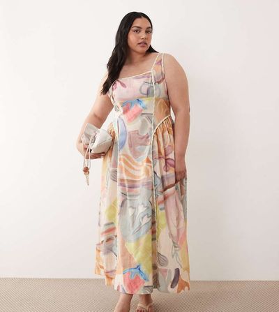 ASOS Curve ASOS DESIGN Curve square neck midi sundress with sculpted bust and contrast piping in print-Multi