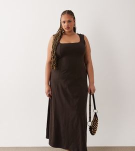 ASOS Curve ASOS DESIGN Curve square neck seam detail midi dress in chocolate-Brown