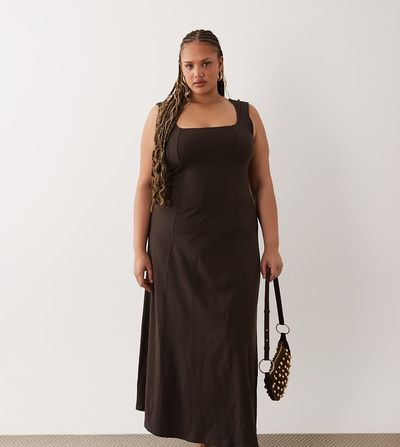 ASOS Curve ASOS DESIGN Curve square neck seam detail midi dress in chocolate-Brown