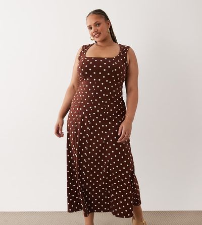 ASOS Curve ASOS DESIGN Curve square neck seam detailing midi dress in polka dots-Multi