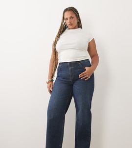 ASOS Curve ASOS DESIGN Curve straight wide leg jeans in dark mid wash-Blue