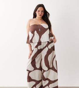 ASOS Curve ASOS DESIGN Curve strapless double layer jumpsuit in brown print-White