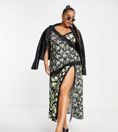 ASOS Curve ASOS DESIGN Curve strappy maxi dress with lace trim in mix match floral-Multi