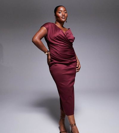 ASOS Curve ASOS DESIGN Curve structured midi dress with capped sleeve and draped cross front in dark berry