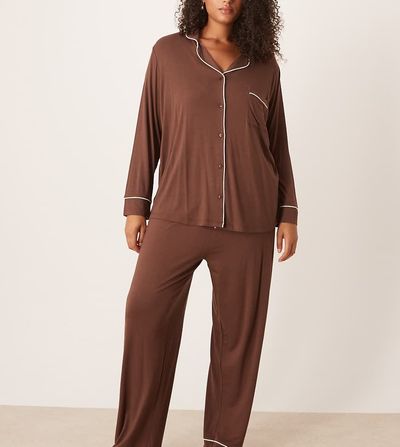 ASOS Curve ASOS DESIGN Curve super soft long sleeve shirt & pants pajama set in chocolate-Brown