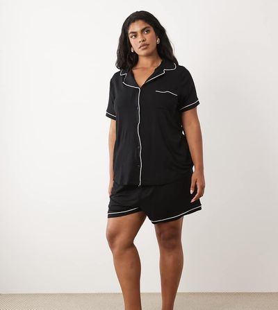 ASOS Curve ASOS DESIGN Curve super soft short sleeve shirt and shorts pajama set in black