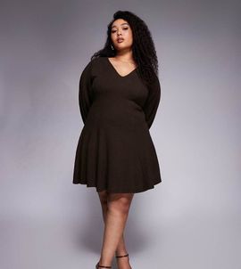 ASOS Curve ASOS DESIGN Curve supersoft V neck fit and flare with seam detail mini dress in chocolate-No color