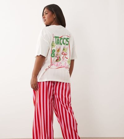 ASOS Curve ASOS DESIGN Curve Taco graphic short sleeve top and pants pajama set-pink