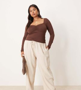 ASOS Curve ASOS DESIGN Curve tapered linen mix pull on pants in stone-Neutral