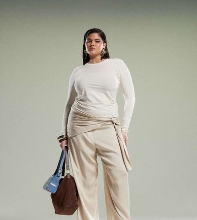 ASOS Curve ASOS DESIGN Curve tapered pants with wrap detail in stone-Green