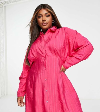 ASOS Curve ASOS DESIGN Curve texture stripe volume sleeve mini shirt dress in hot pink
