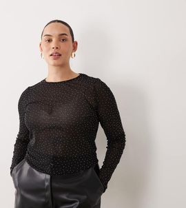 ASOS Curve ASOS DESIGN Curve textured mesh hotfix long sleeve top in black