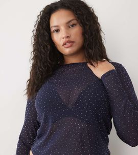 ASOS Curve ASOS DESIGN Curve textured mesh hotfix long sleeve top in navy