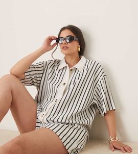 ASOS Curve ASOS DESIGN Curve textured resort shirt in cream and navy stripe - part of a set-Multi